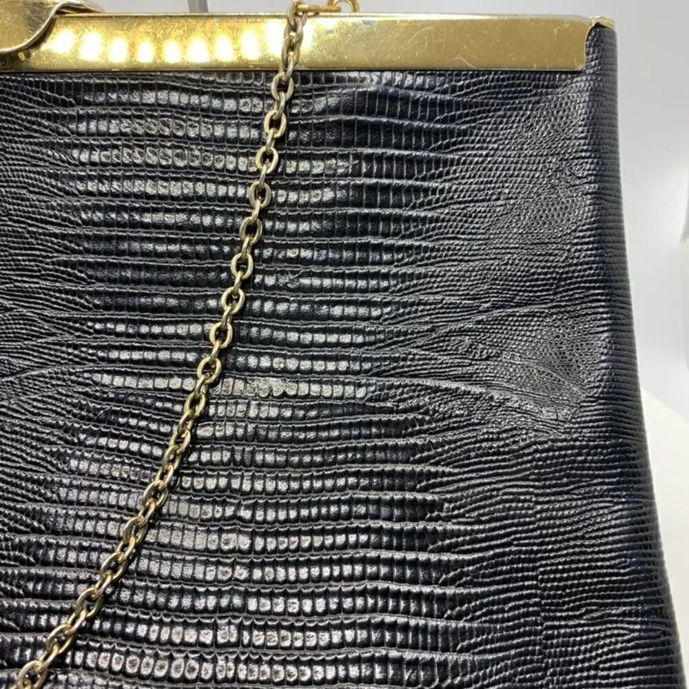 Vintage Etra Black and Brass Chain Croc Embossed Leather Purse